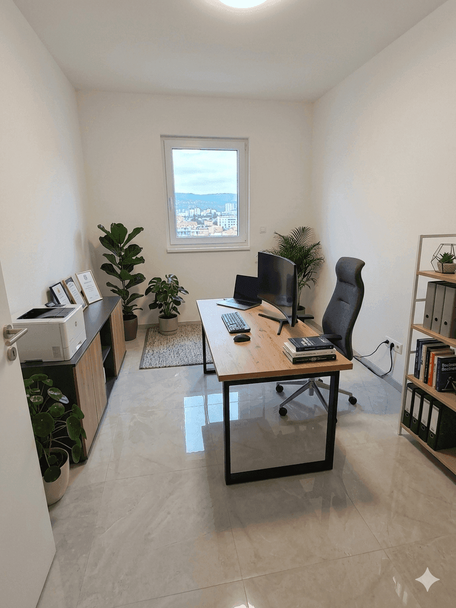 Modernes Arbeitszimmer mit Schreibtisch, Bürostuhl und Blick aus dem Fenster, auf Fliesenboden.