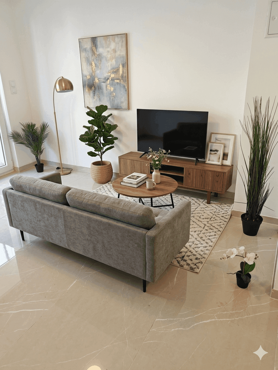 Helles Wohnzimmer mit modernem Sofa, TV-Möbel und dekorativen Pflanzen, auf Fliesenboden.