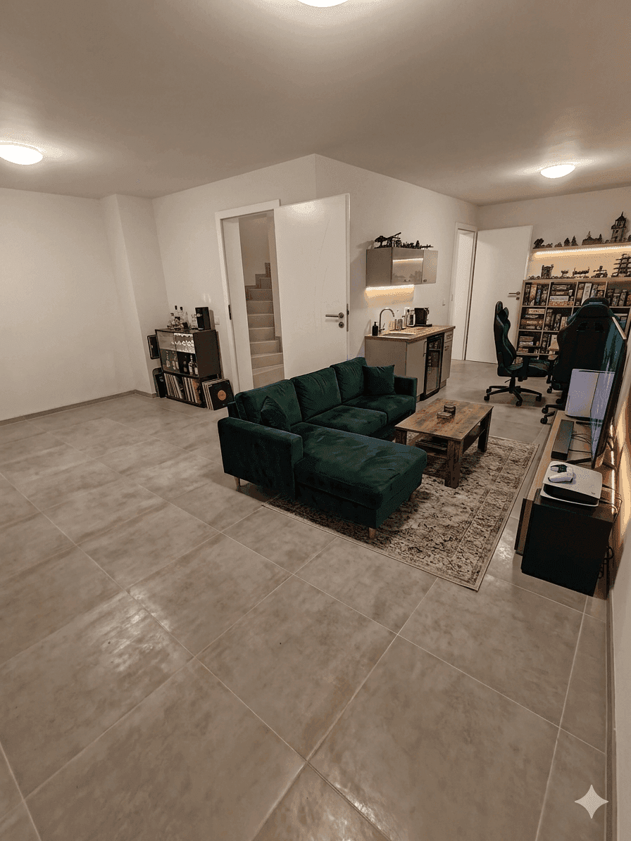 Geräumiger Wohnbereich mit Sofa, kleiner Bar und Unterhaltungsecke, auf Fliesenboden.