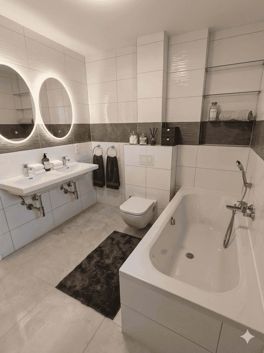 Elegantes Badezimmer mit Doppelwaschbecken, Badewanne und modernen Spiegeln, hell gefliest.