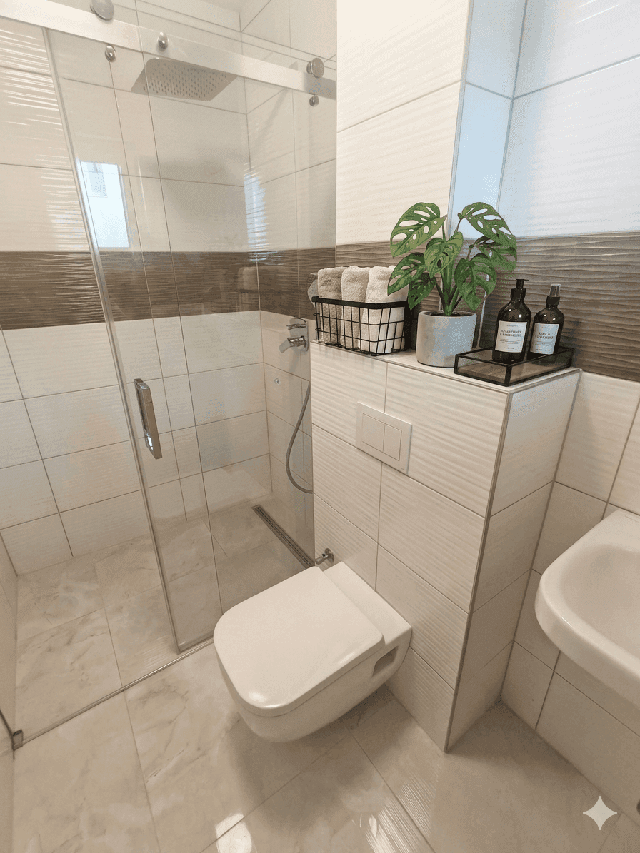 Modernes Badezimmer mit begehbarer Dusche, Wand-WC und eleganten Fliesen in Weiß und Braun.