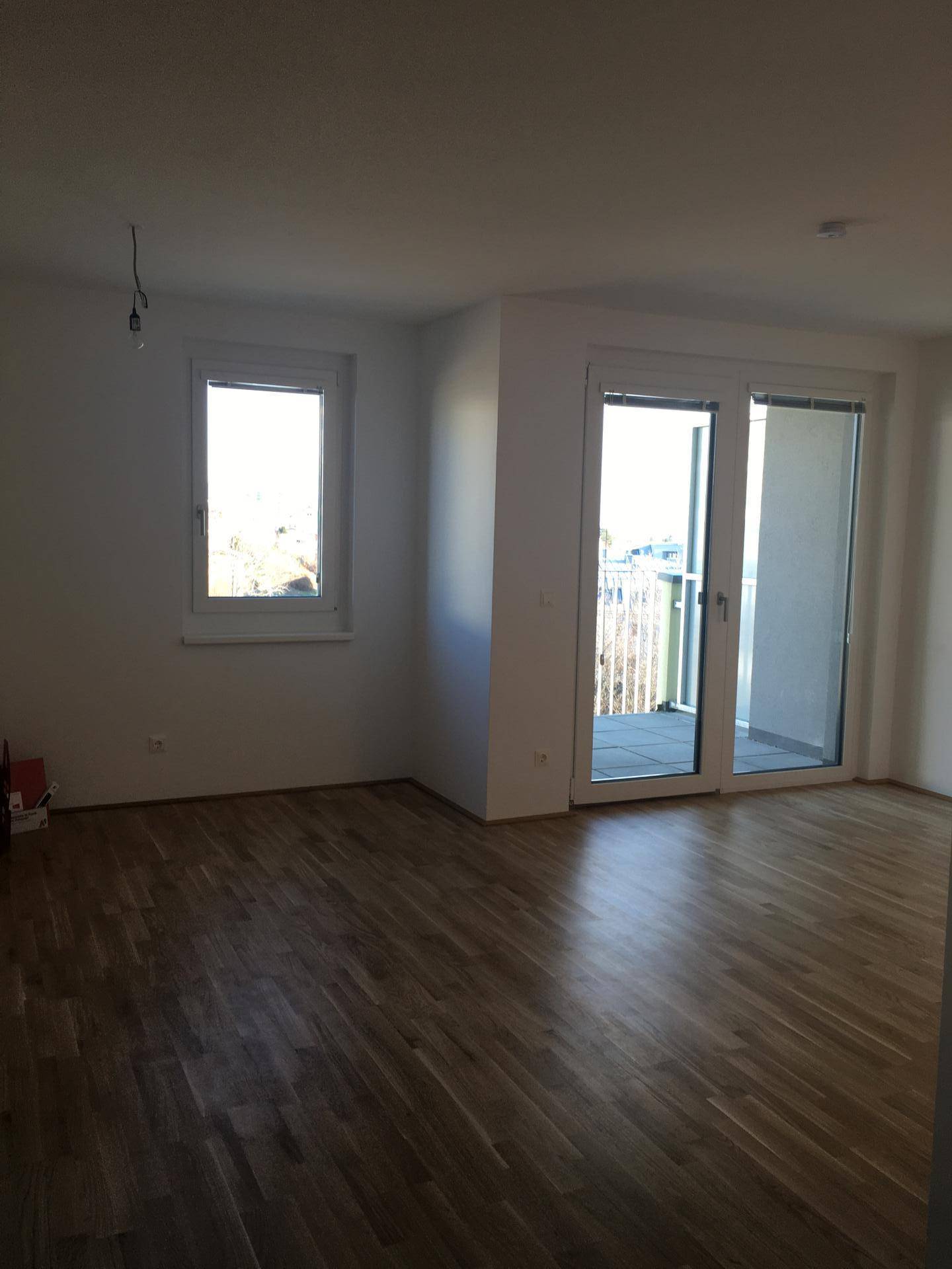 Heller, leerer Wohnraum mit Laminatboden und Zugang zu einem Balkon.