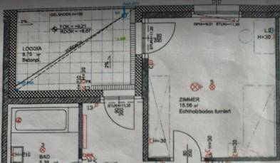 Grundriss zeigt eine Loggia, ein Zimmer und ein Badezimmer mit Badewanne.