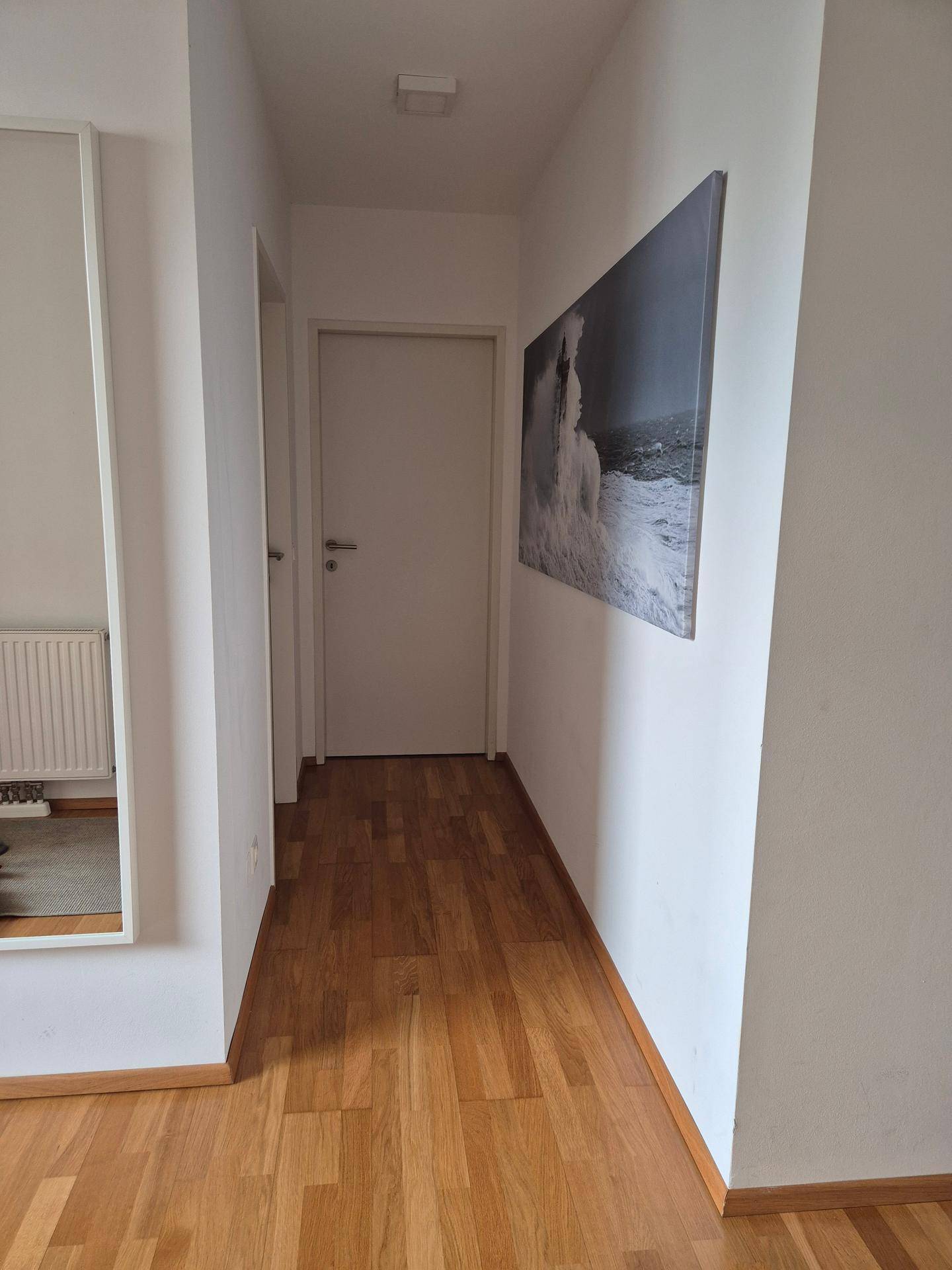 Schmaler Flur mit hellem Holzfußboden und einem modernen Wandbild.