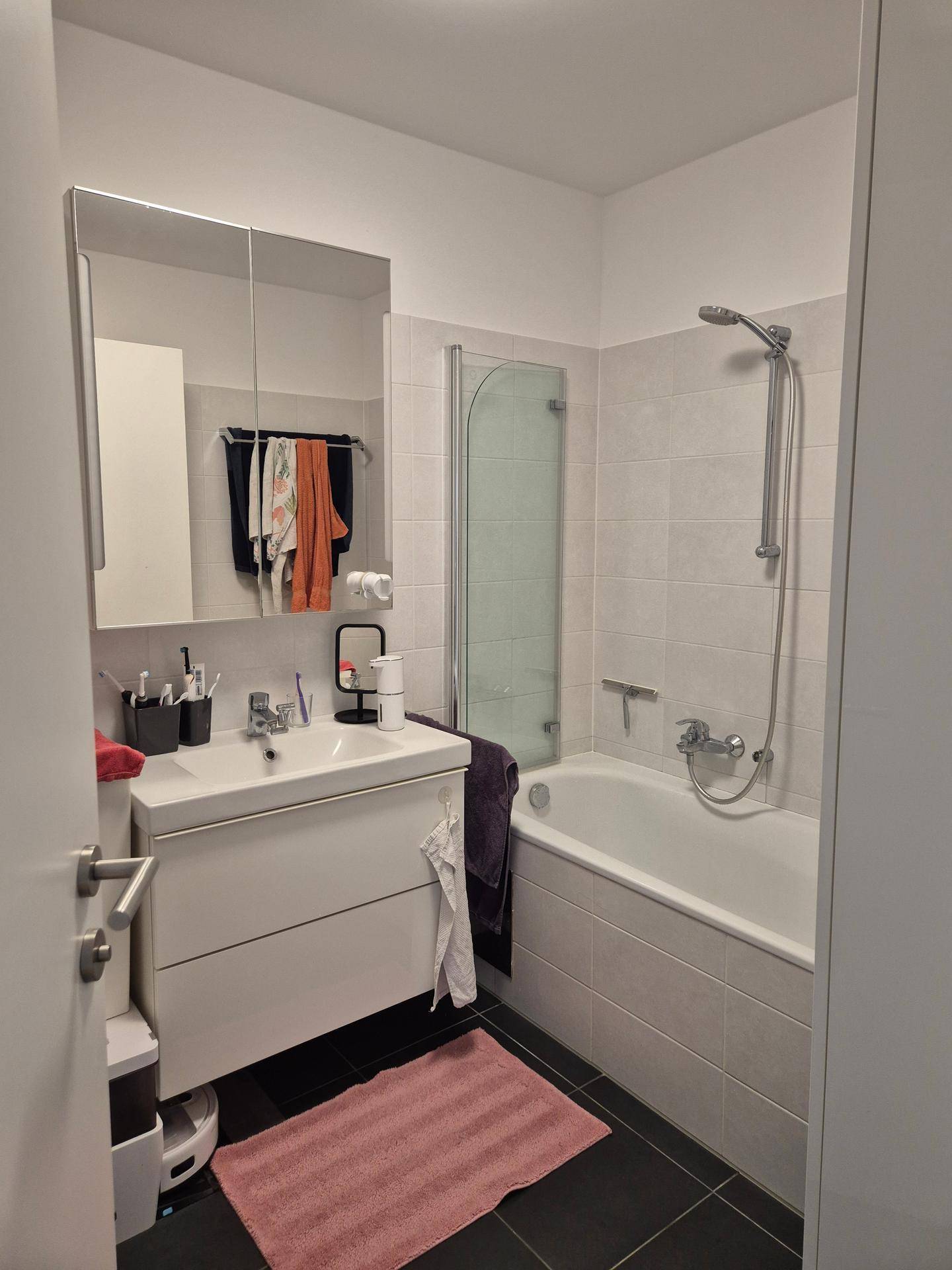 Modernes Badezimmer mit Badewanne, Duschfunktion und einem einzelnen Waschbecken.