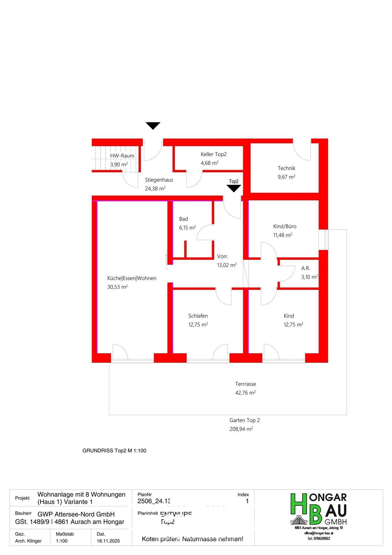 Grundriss der Wohnung Top 2 mit Küche/Essen/Wohnen, zwei Schlafzimmern und Terrasse.