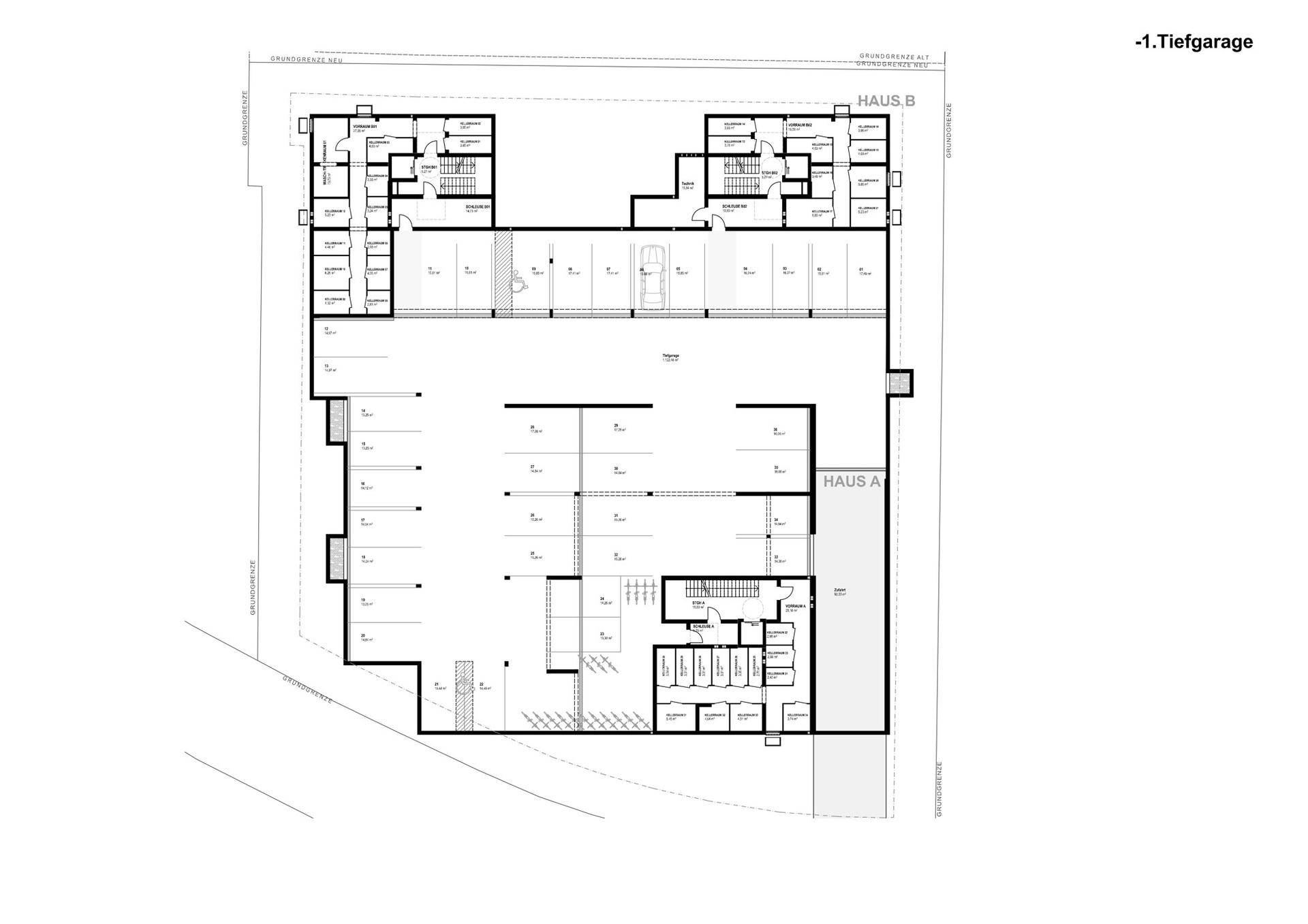 Grundriss Tiefgarage und Kellerabteile