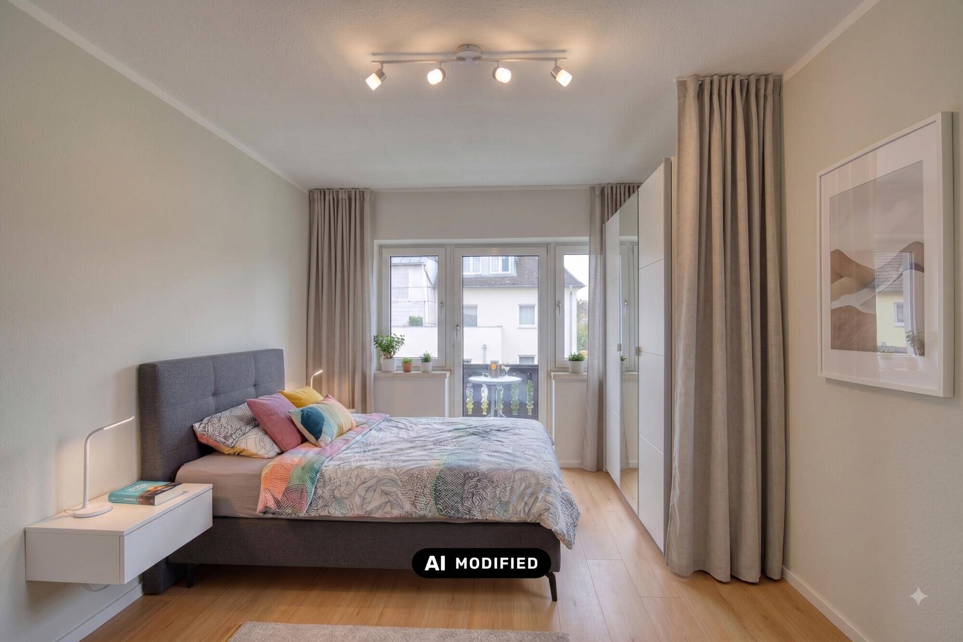 Helles Schlafzimmer mit Doppelbett, Kleiderschrank und Zugang zu einem kleinen Balkon.