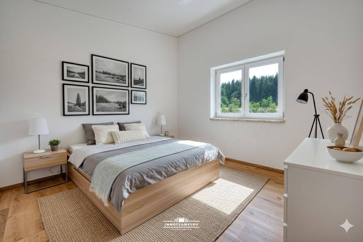 Gemütliches Schlafzimmer mit Holzboden, Doppelbett und Blick auf die umliegende Natur.