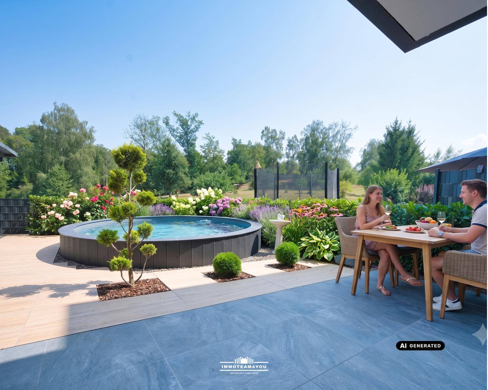 Attraktive Terrasse mit Pool, Essbereich und üppiger Bepflanzung, ideal für Entspannung.