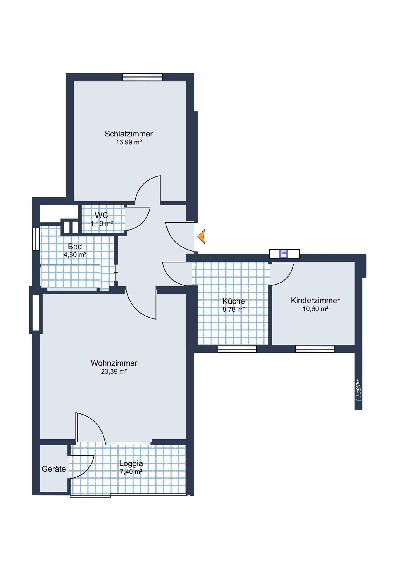 Grundriss der Wohnung mit Schlafzimmer, Wohnzimmer, Küche, Kinderzimmer und Loggia.