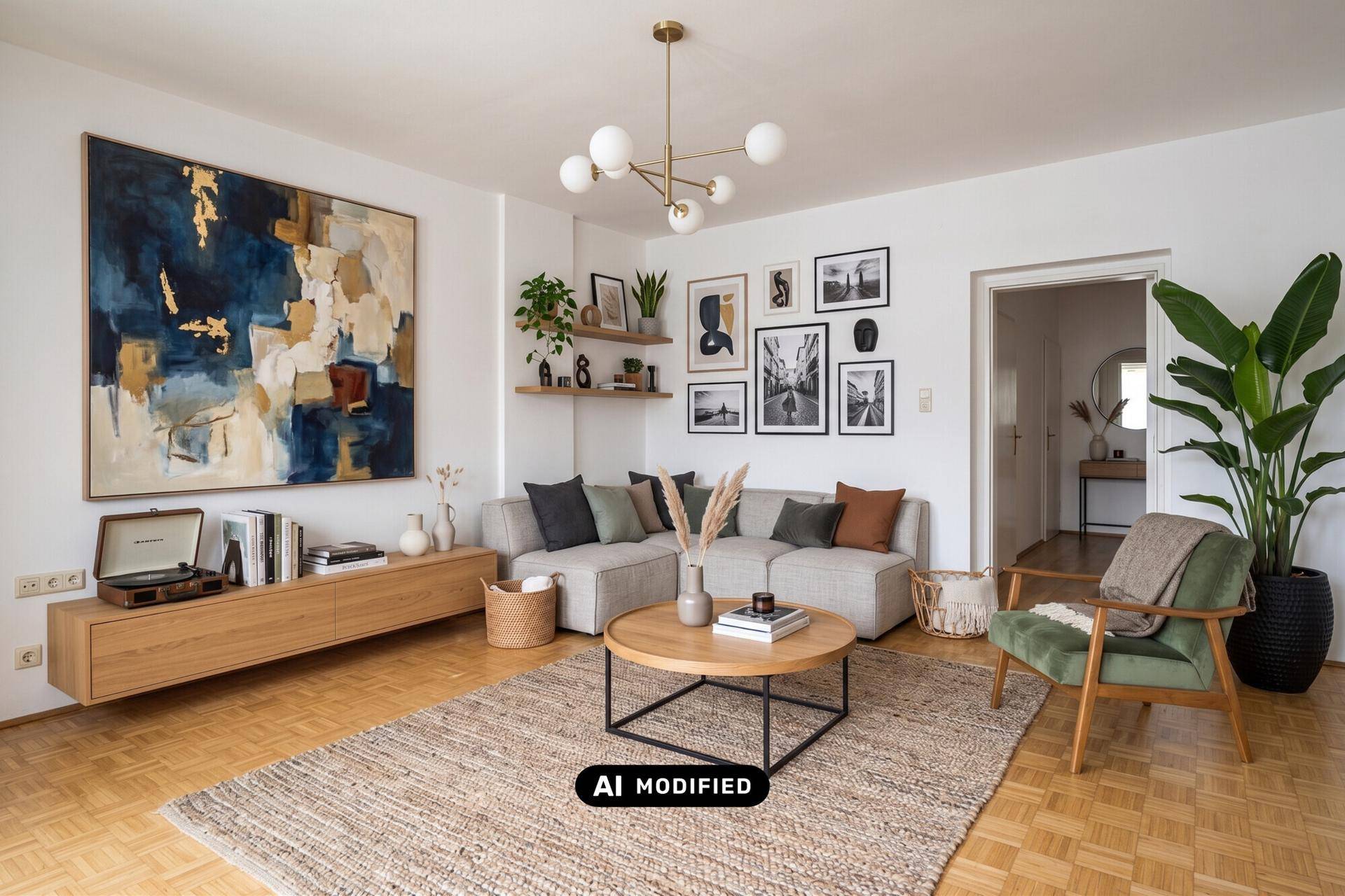 Gemütliches Wohnzimmer mit modernem Sofa, stilvoller Kunst und Pflanzen, ideal zum Entspannen.