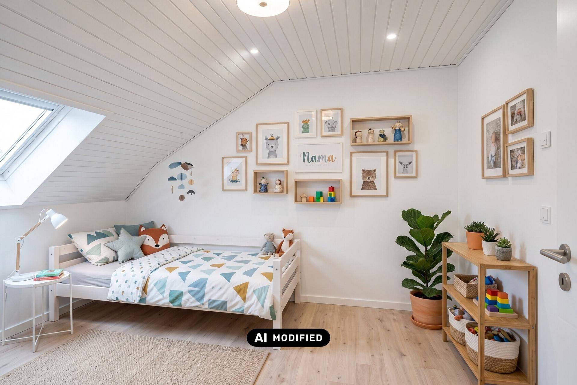 Helles Kinderzimmer im Dachgeschoss mit Dachfenster und moderner Dekoration.