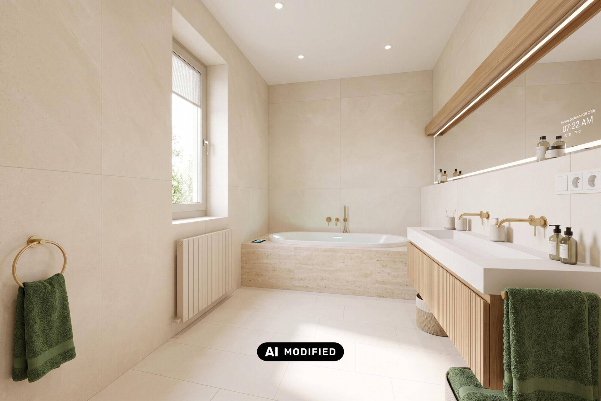 Modernes Badezimmer mit Badewanne, Doppelwaschbecken und hellen Fliesen.