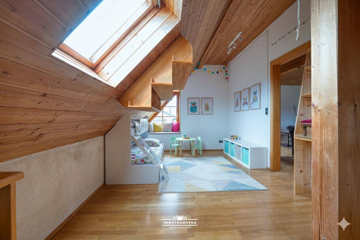 Freundliches Kinderzimmer im Dachgeschoss mit großem Dachfenster und Holzboden.