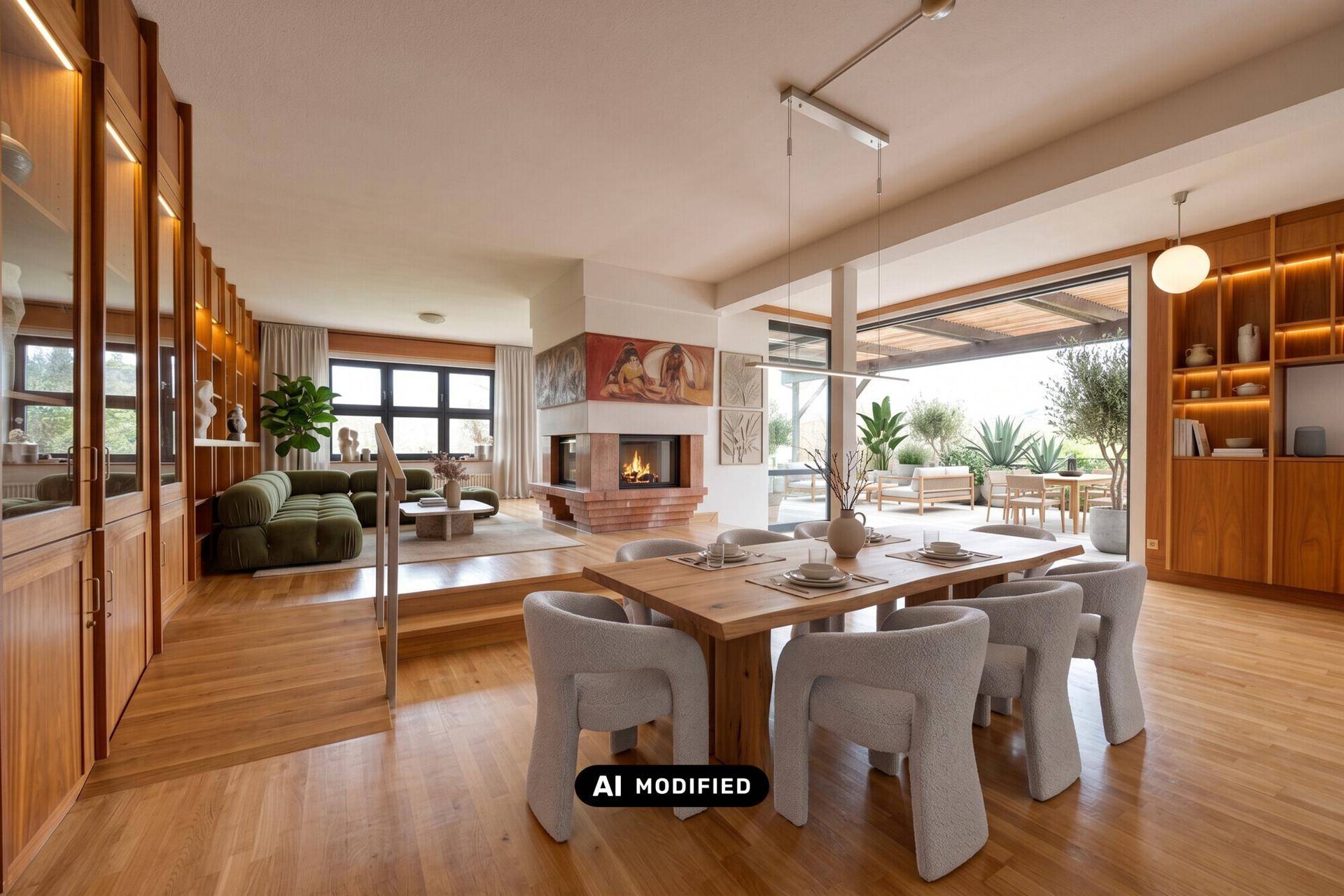 Modernisierter Wohn-Essbereich mit Kamin, Holzboden und Zugang zur Terrasse.