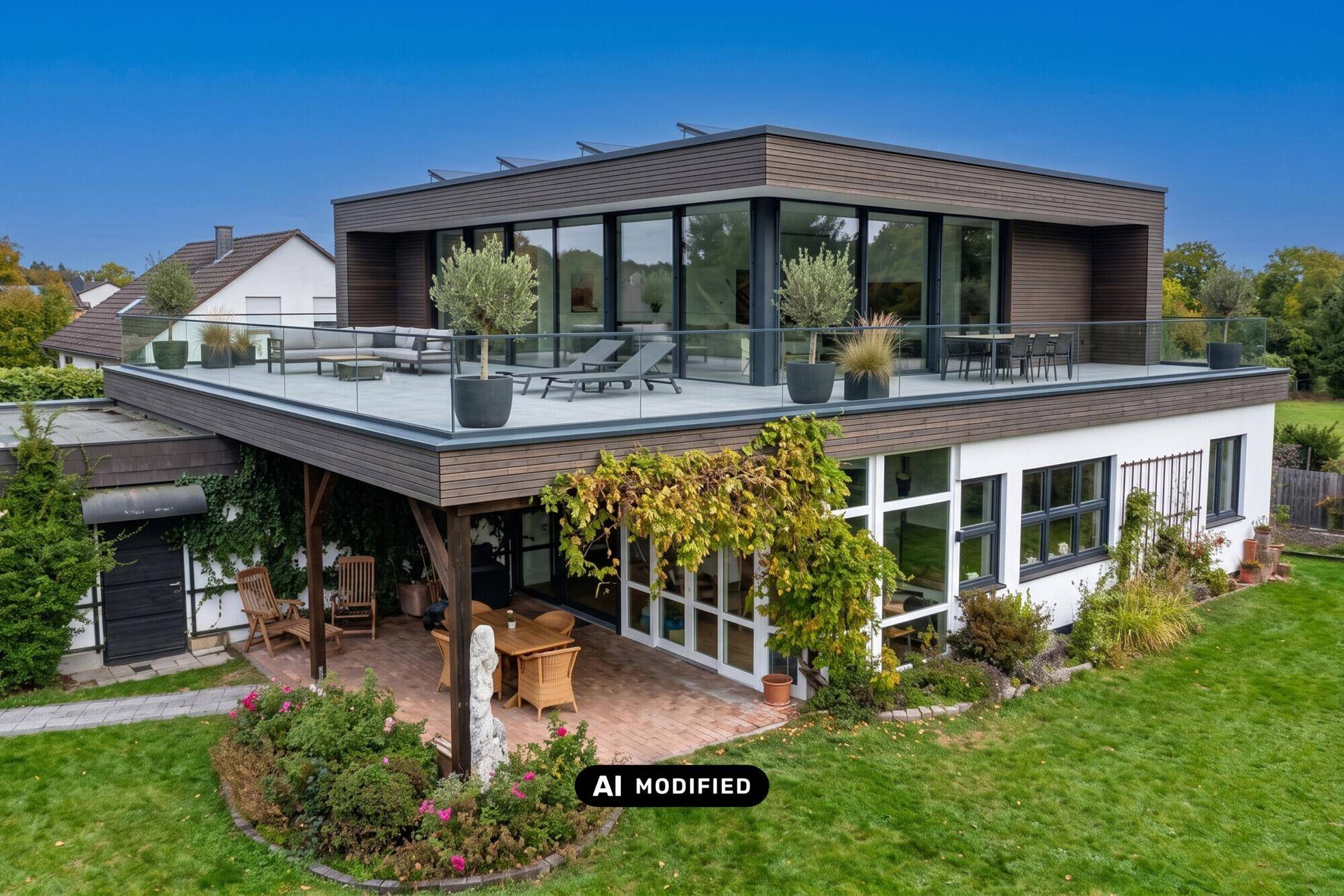 Modernisiertes Haus mit großer Dachterrasse und überdachtem Sitzbereich im Garten.