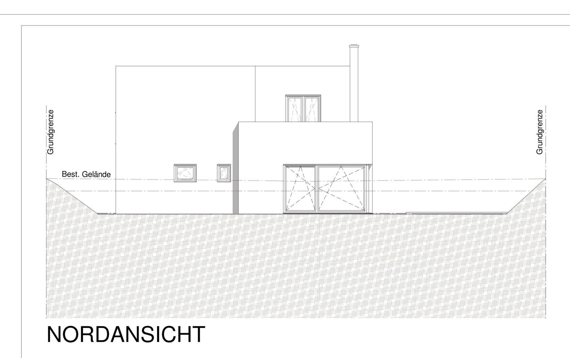 Nordansicht des Gebäudes mit Fenster- und Türpositionen.