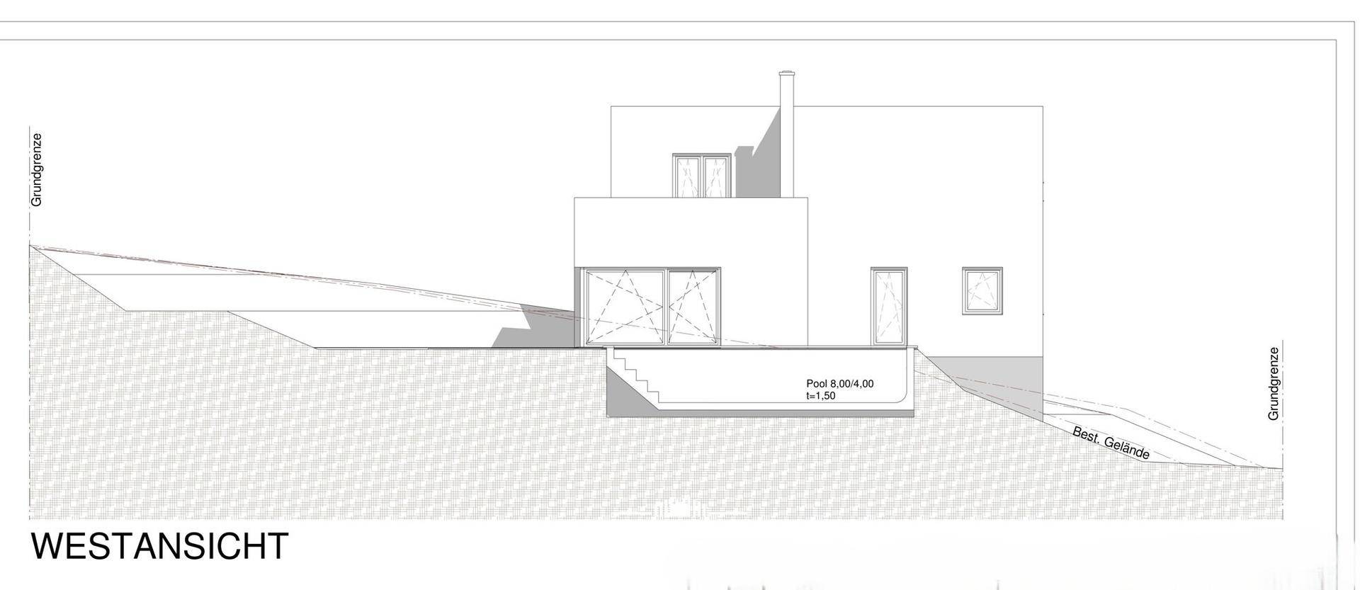 Architektonische Westansicht eines modernen Hauses mit integriertem Pool und Hanglage.