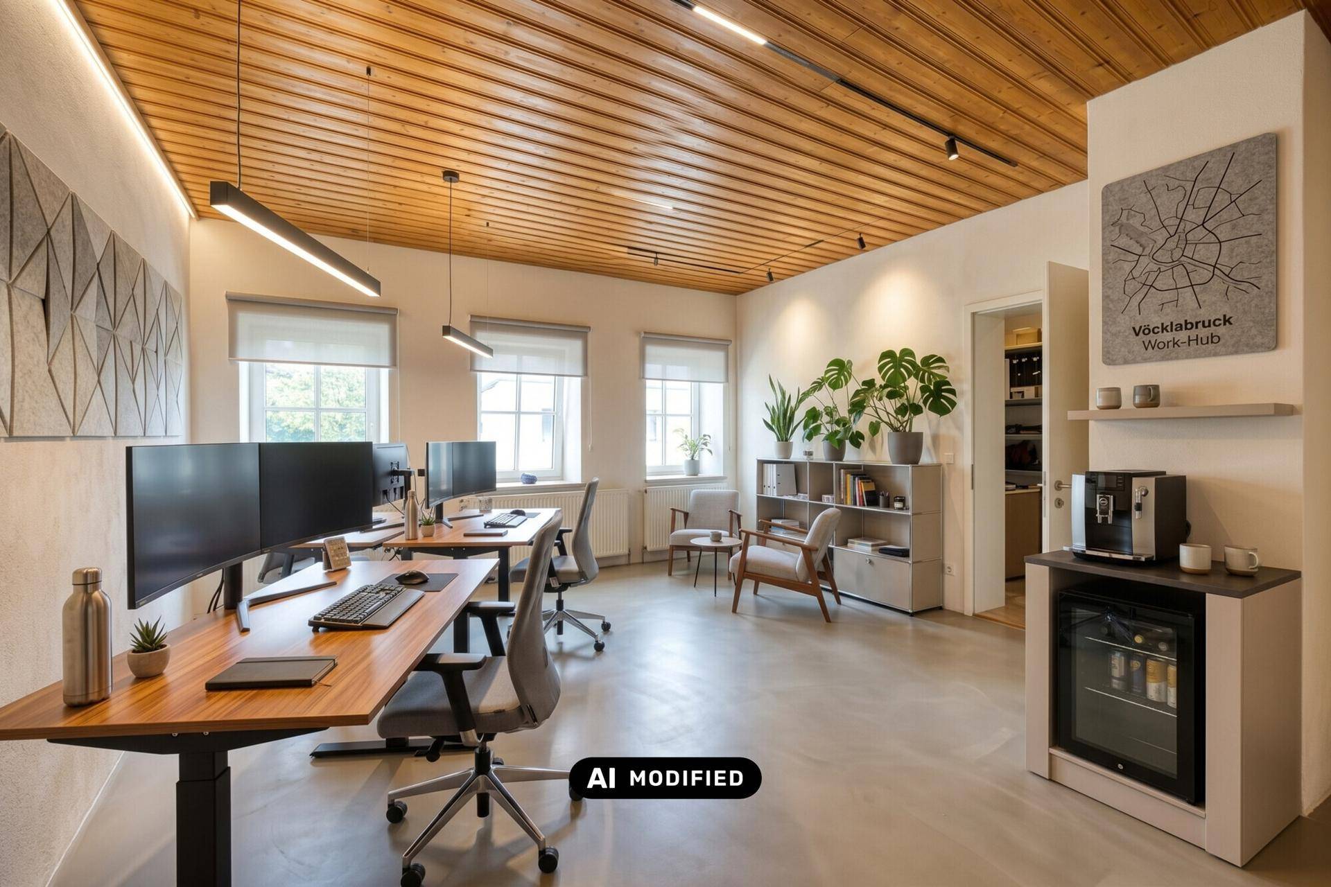 Modernes Büro mit Holzdecke, großen Fenstern und ergonomischen Arbeitsplätzen.