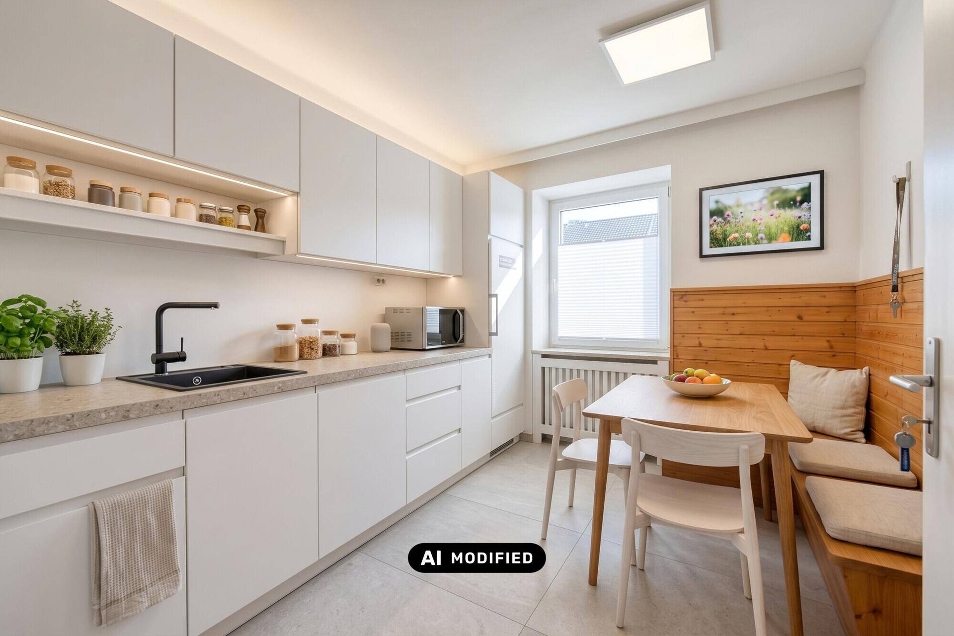 Helle, moderne Küche mit weißen Schränken, Essbereich und Fenster.