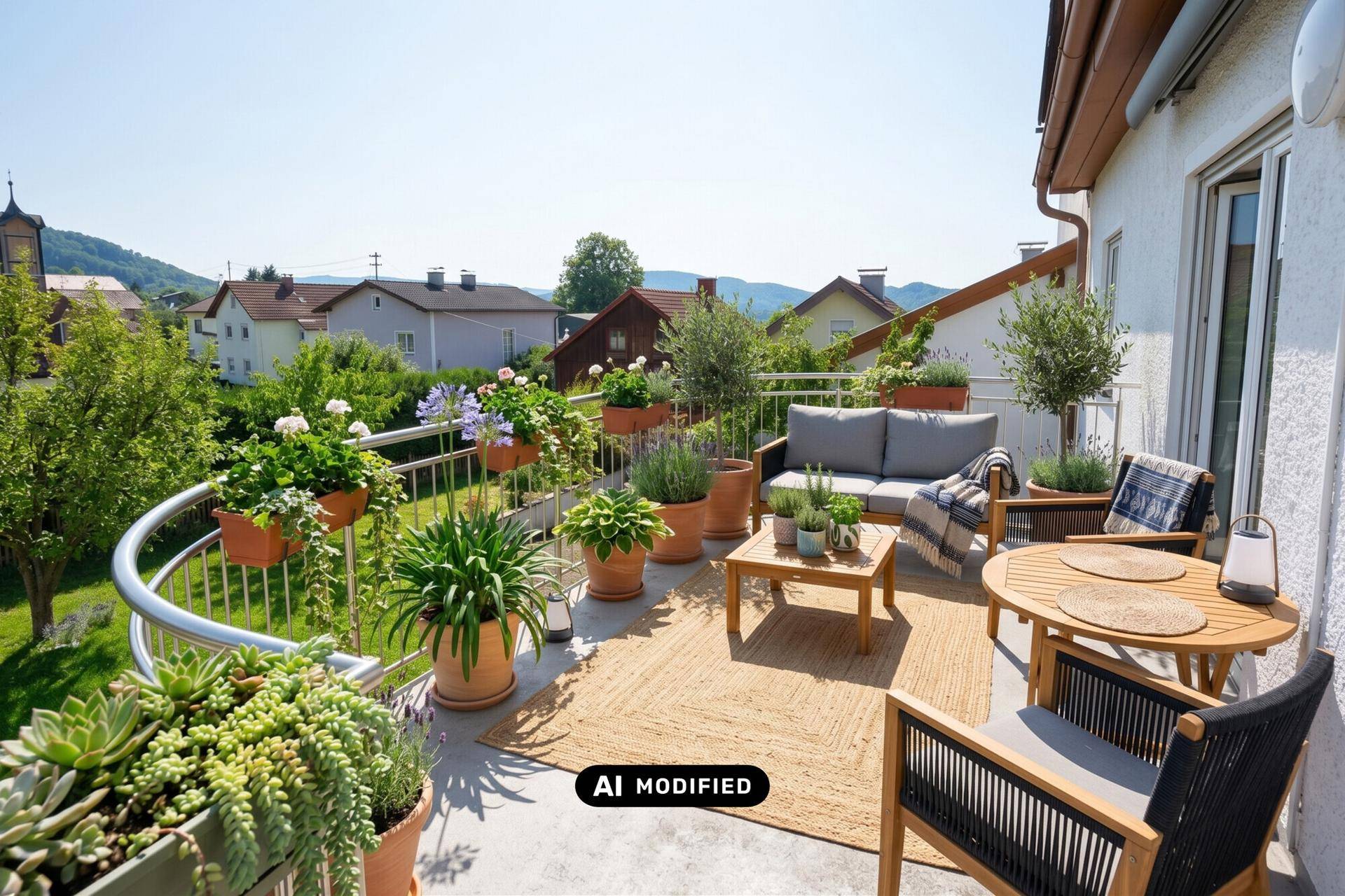 Attraktiver Balkon mit Pflanzen, modernen Gartenmöbeln und weitem Ausblick.