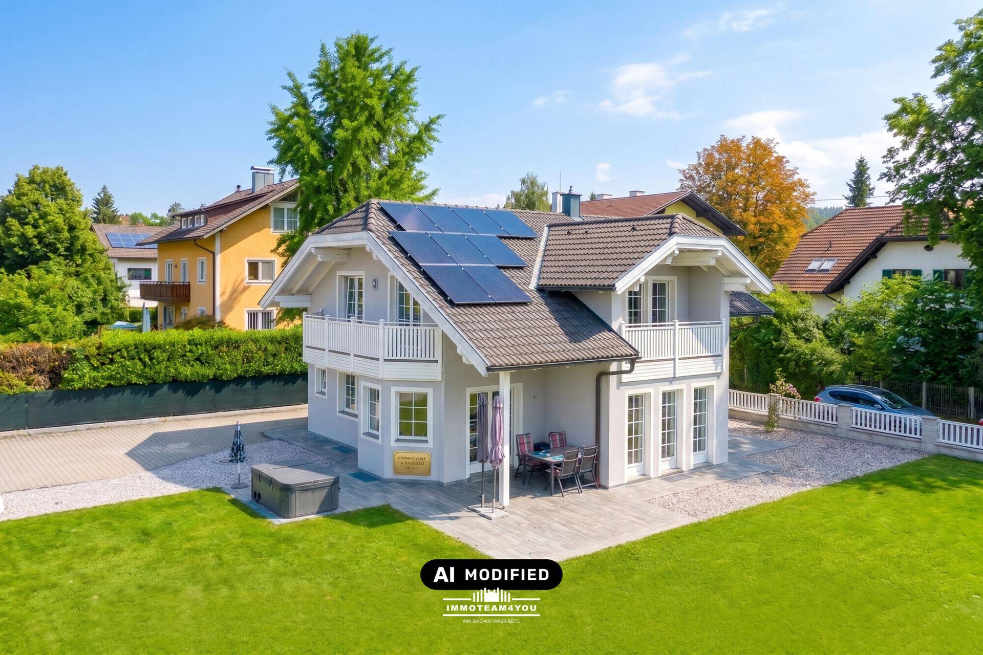 Vogelperspektive des Einfamilienhauses mit Photovoltaik auf dem Dach und weitläufigem Grundstück.