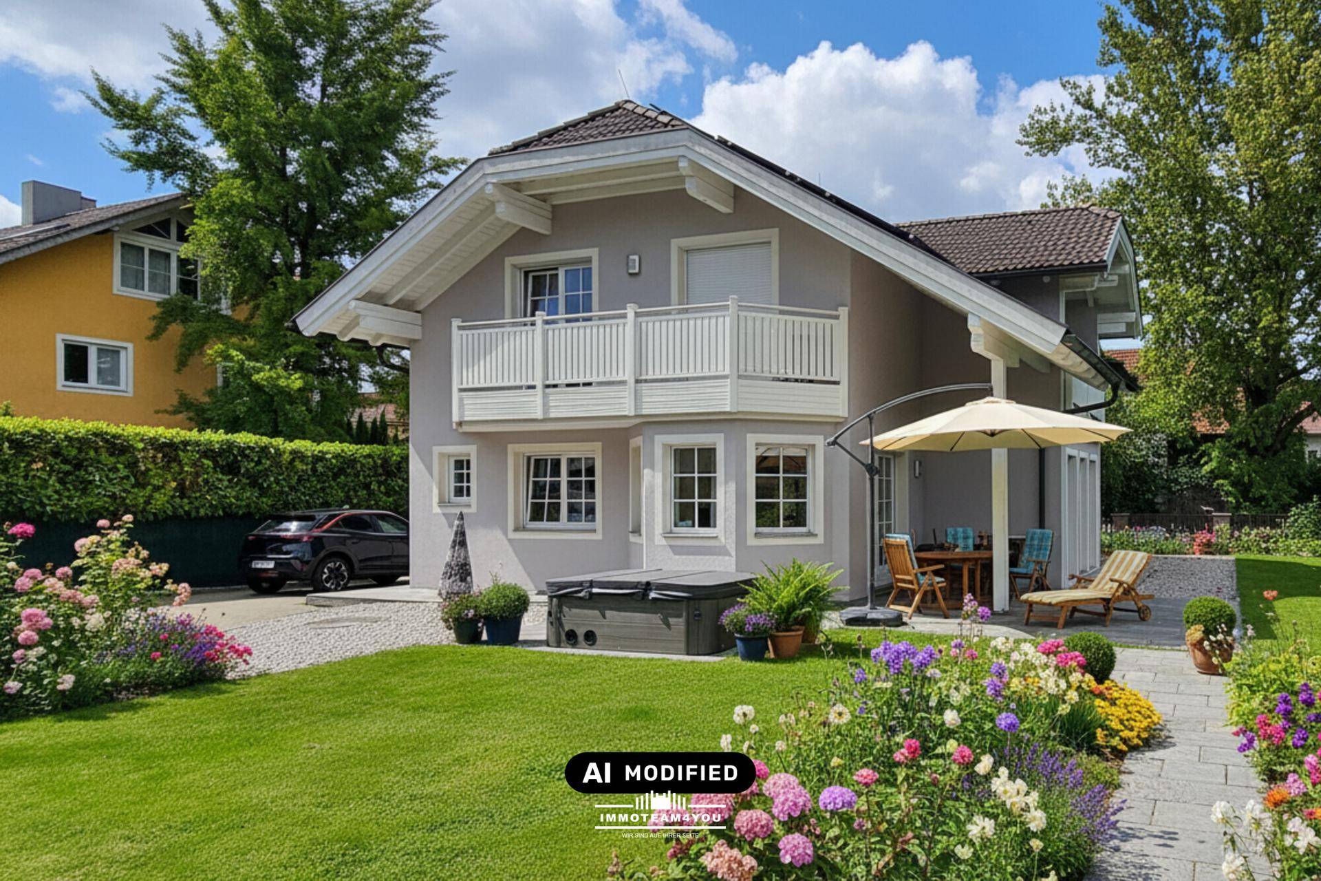 Charmantes Einfamilienhaus mit blühendem Vorgarten, Terrasse und Whirlpool im Außenbereich.