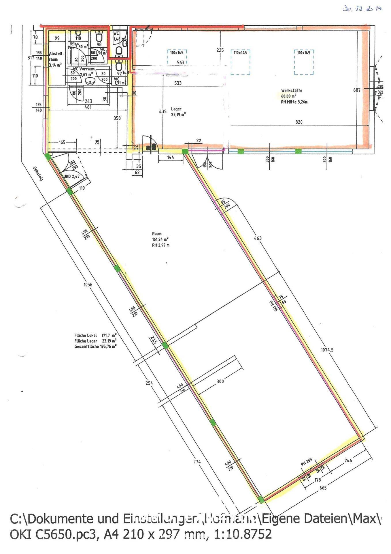 Detaillierter Grundriss des Erdgeschosses mit Werkstatt, Lagerflächen und Sanitärbereichen.