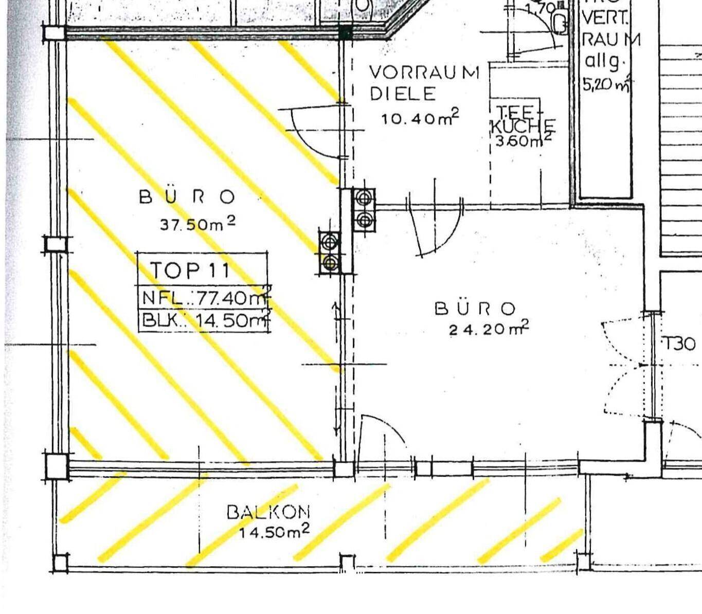 Grundriss mit zwei Büros, Diele, Teeküche und einem Balkon von 14.50m² Nutzfläche.