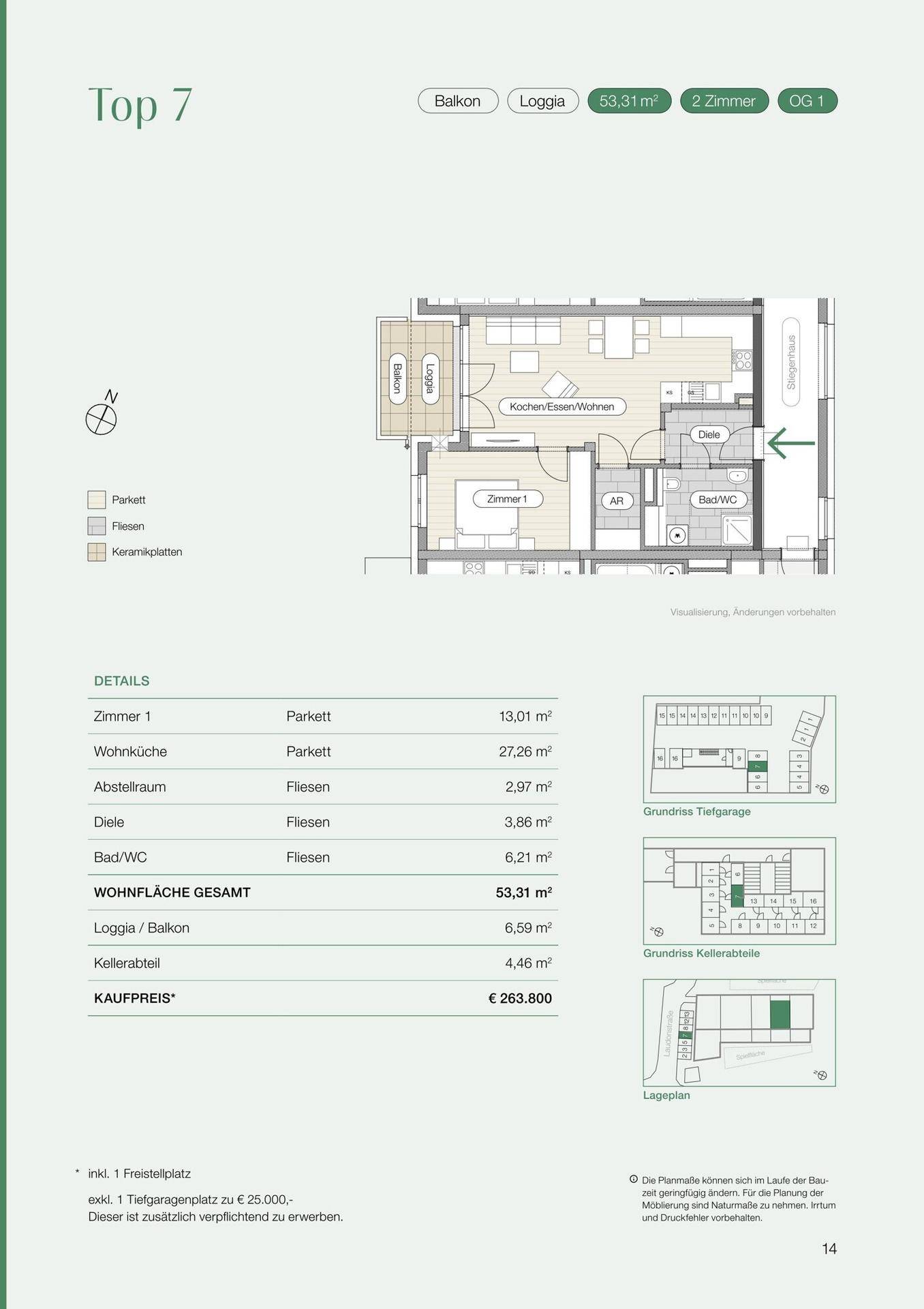 Grundriss der Wohnung Top 7 mit offenem Wohnbereich, Schlafzimmer und Balkon/Loggia.