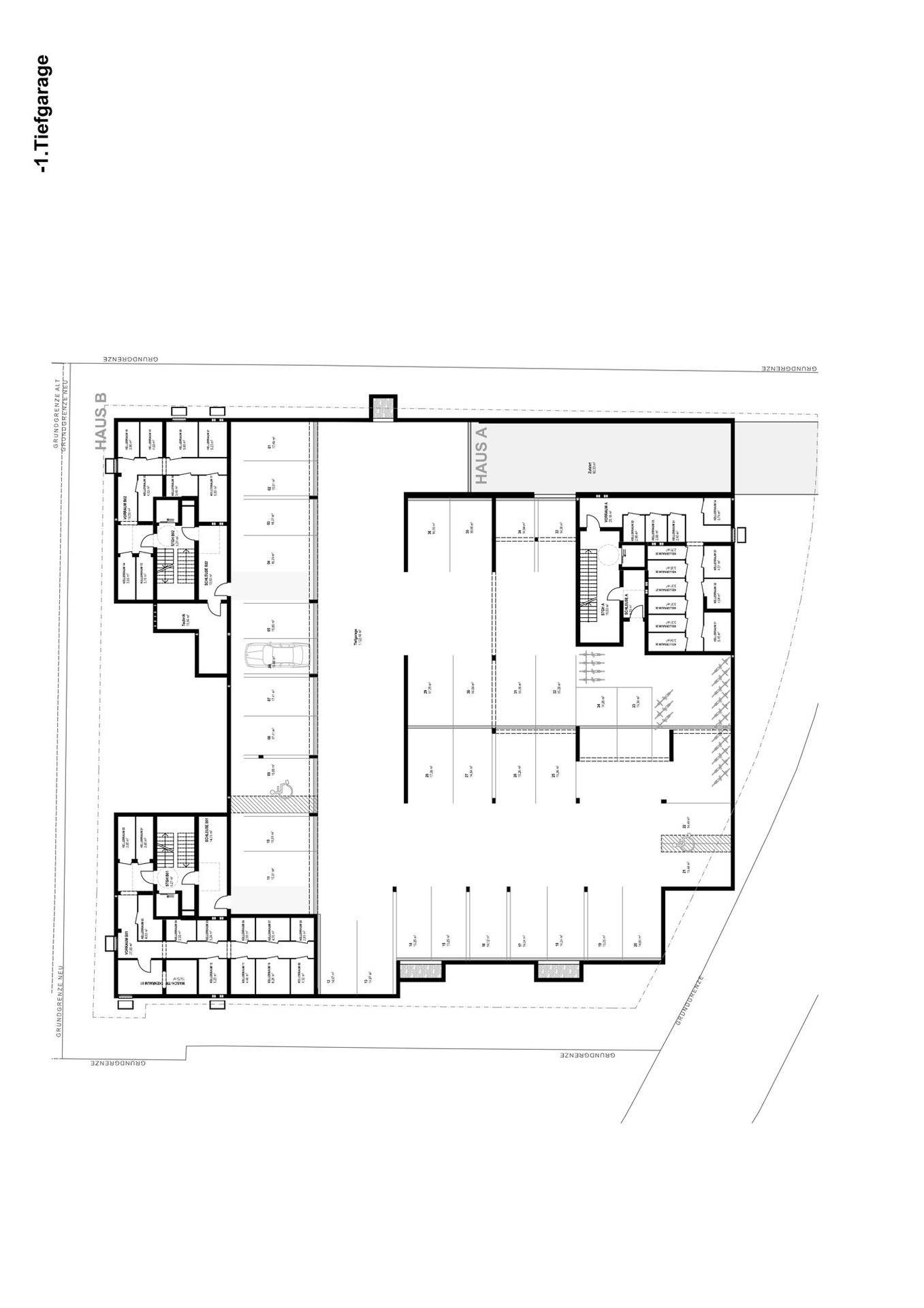 Grundriss Tiefgarage und Kellerabteile