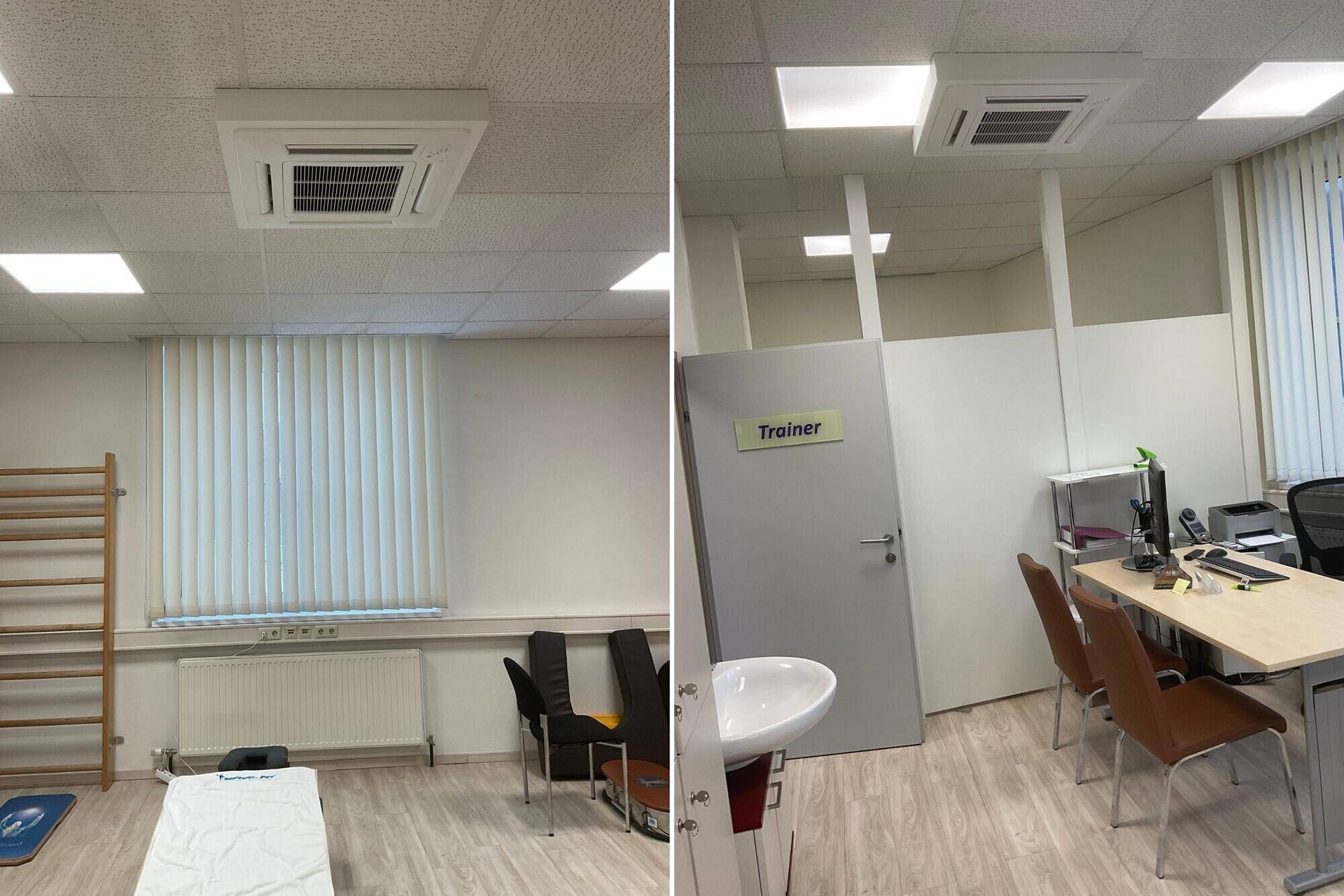 Collage aus einem Therapieraum mit Fenster und einem Büro mit Schreibtisch und Waschbecken.
