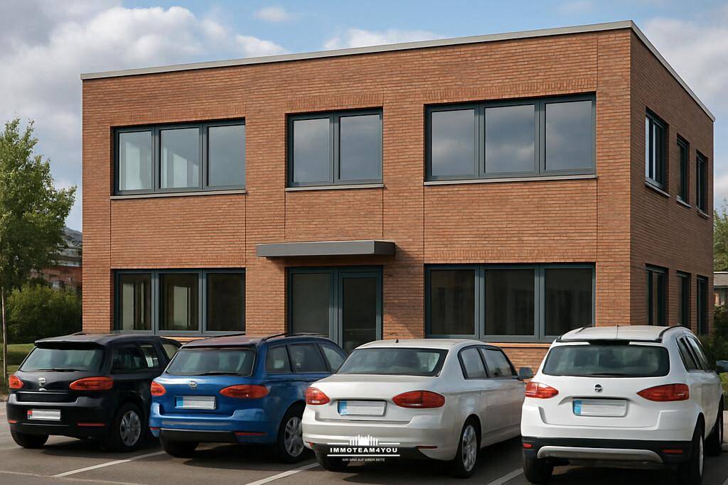 Modernes Backsteingebäude mit großen Fenstern und davor geparkten Autos auf einem Parkplatz.