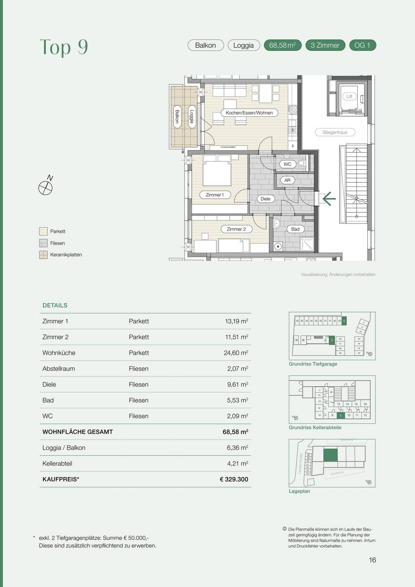 Detaillierter Grundriss der Wohnung Top 9 mit zwei Schlafzimmern und offenem Wohnbereich.