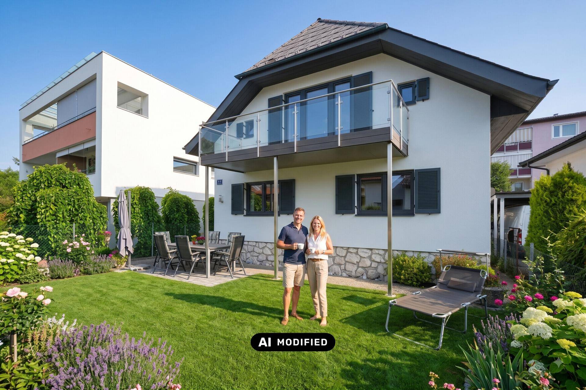 Renovierter Gartenbereich mit neuer Balkonverglasung und gepflegtem Rasen vor dem Haus.