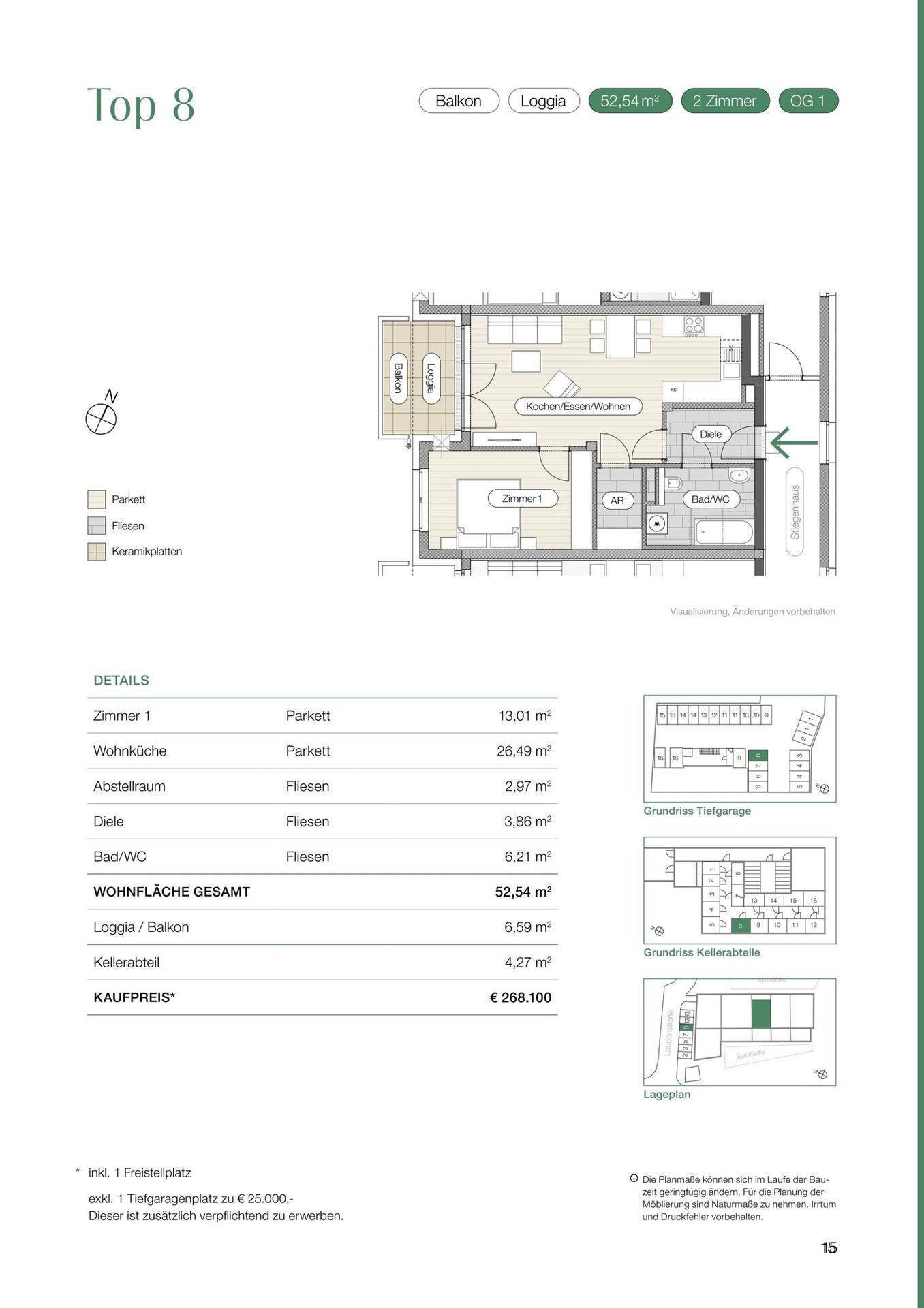 Detaillierter Grundriss der Wohneinheit Top 8 mit offener Wohnküche, Schlafzimmer und Loggia.