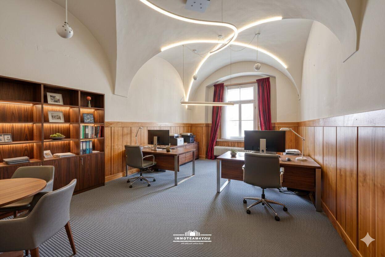 Großes Büro mit gewölbter Decke, Teppichboden und Holzvertäfelung.