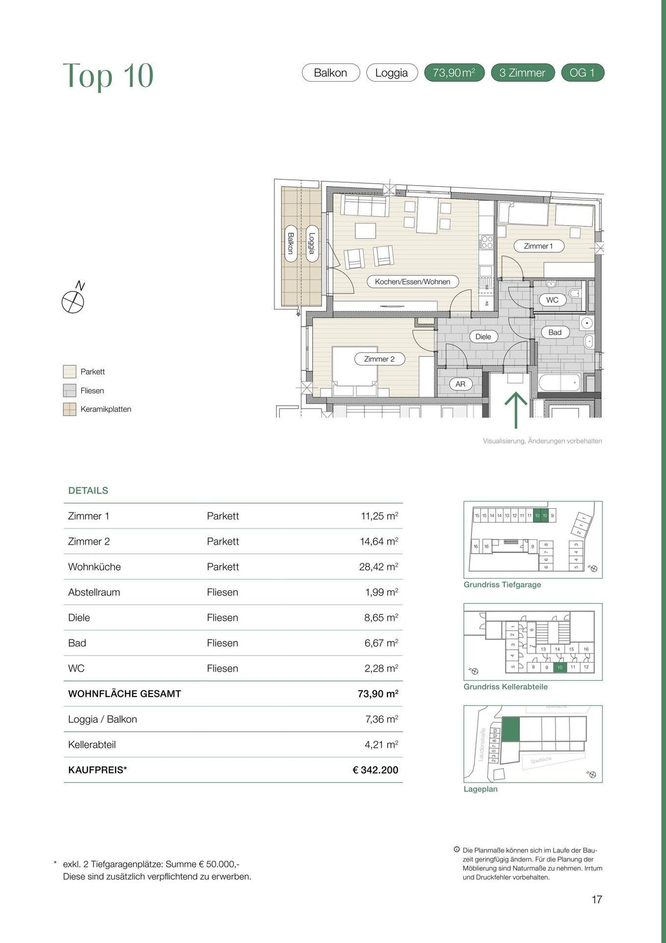 Detaillierter Grundriss einer 3-Zimmer-Wohnung mit Balkon und Loggia.