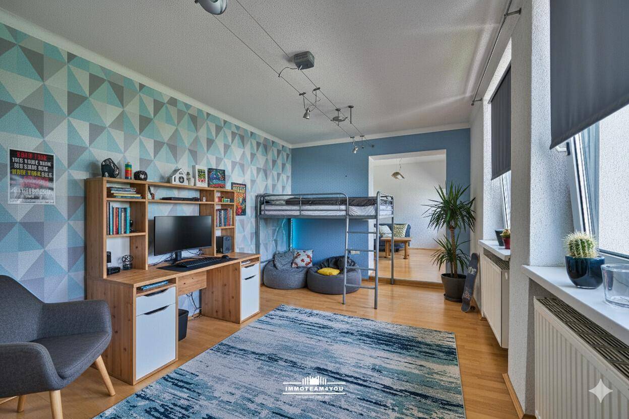 Jugendzimmer mit Holzboden, Etagenbett, Schreibtisch und farbenfroher Tapete.
