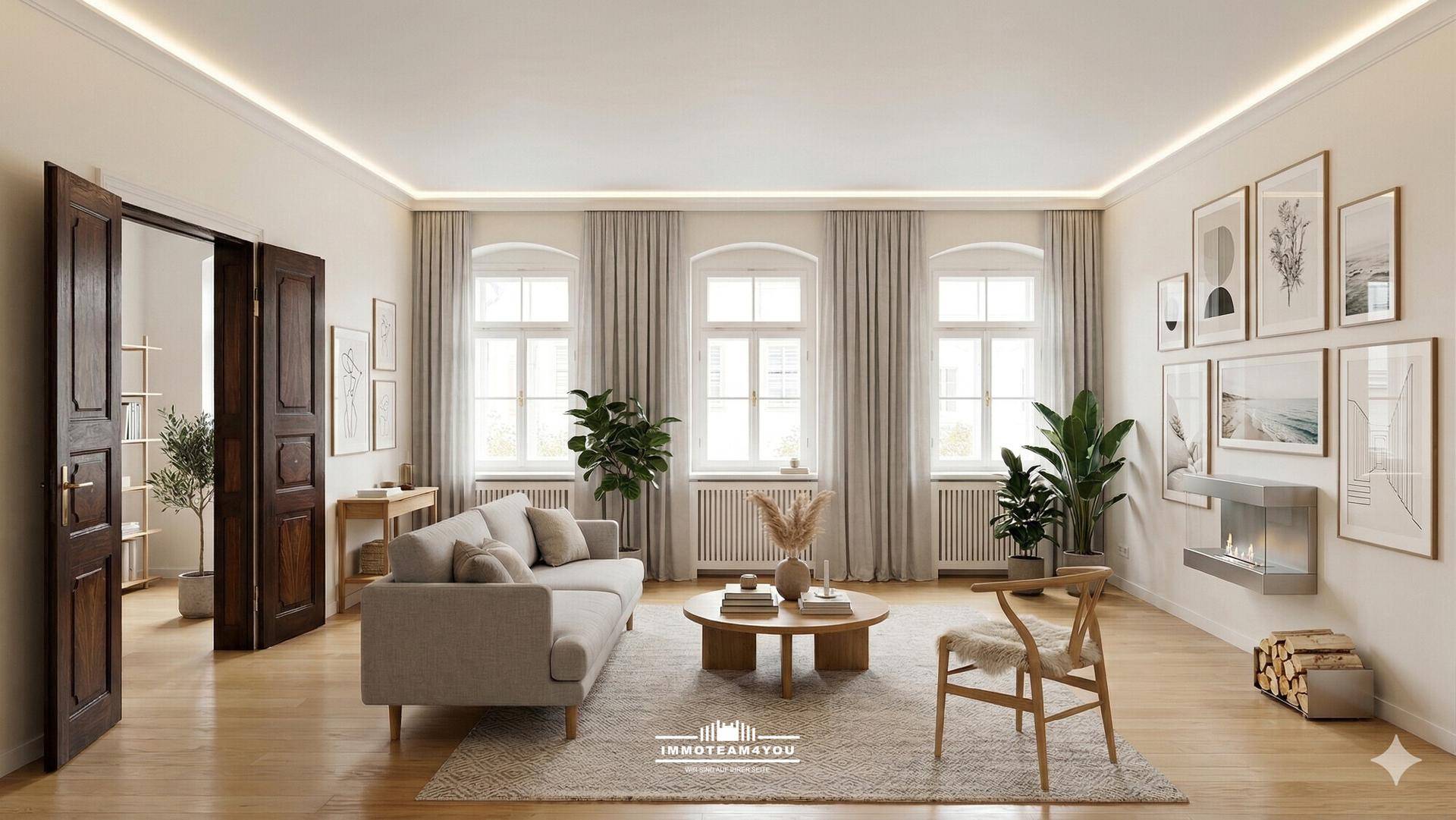 Helles Wohnzimmer mit Holzboden, modernen Möbeln und einem dekorativen Wandkamin.