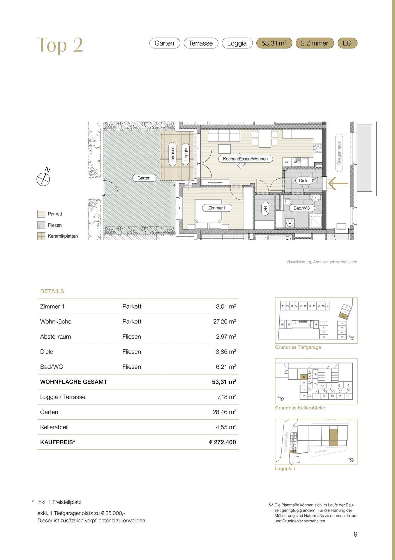Detaillierter Grundriss der Wohnung Top 2 mit Garten, Terrasse und Loggia sowie Raumaufteilung und Flächenangaben.