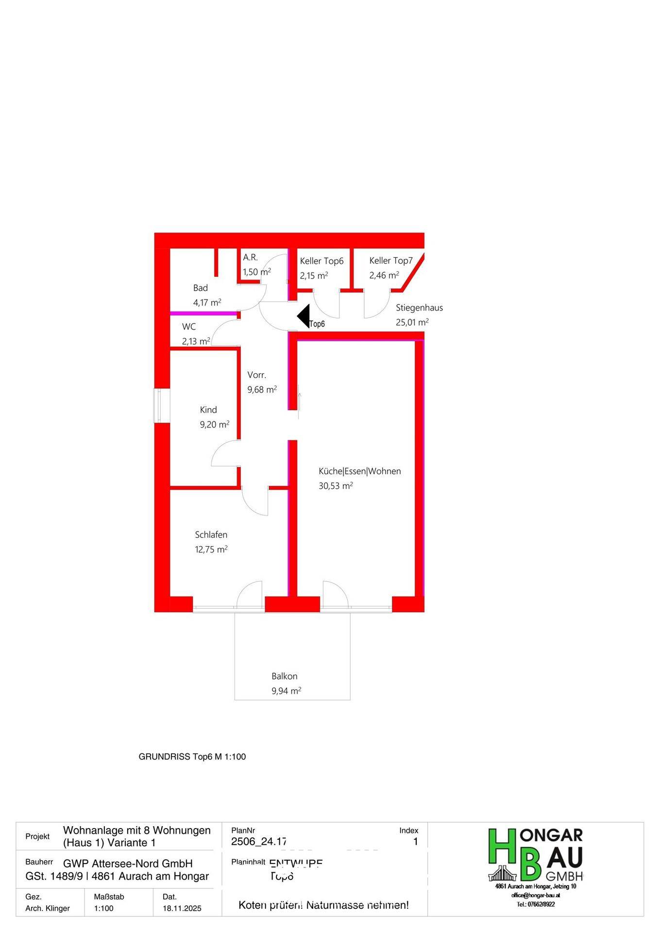 Grundriss der Wohnung Top 6 mit Bad, WC, Schlafzimmer und offenem Wohnbereich.