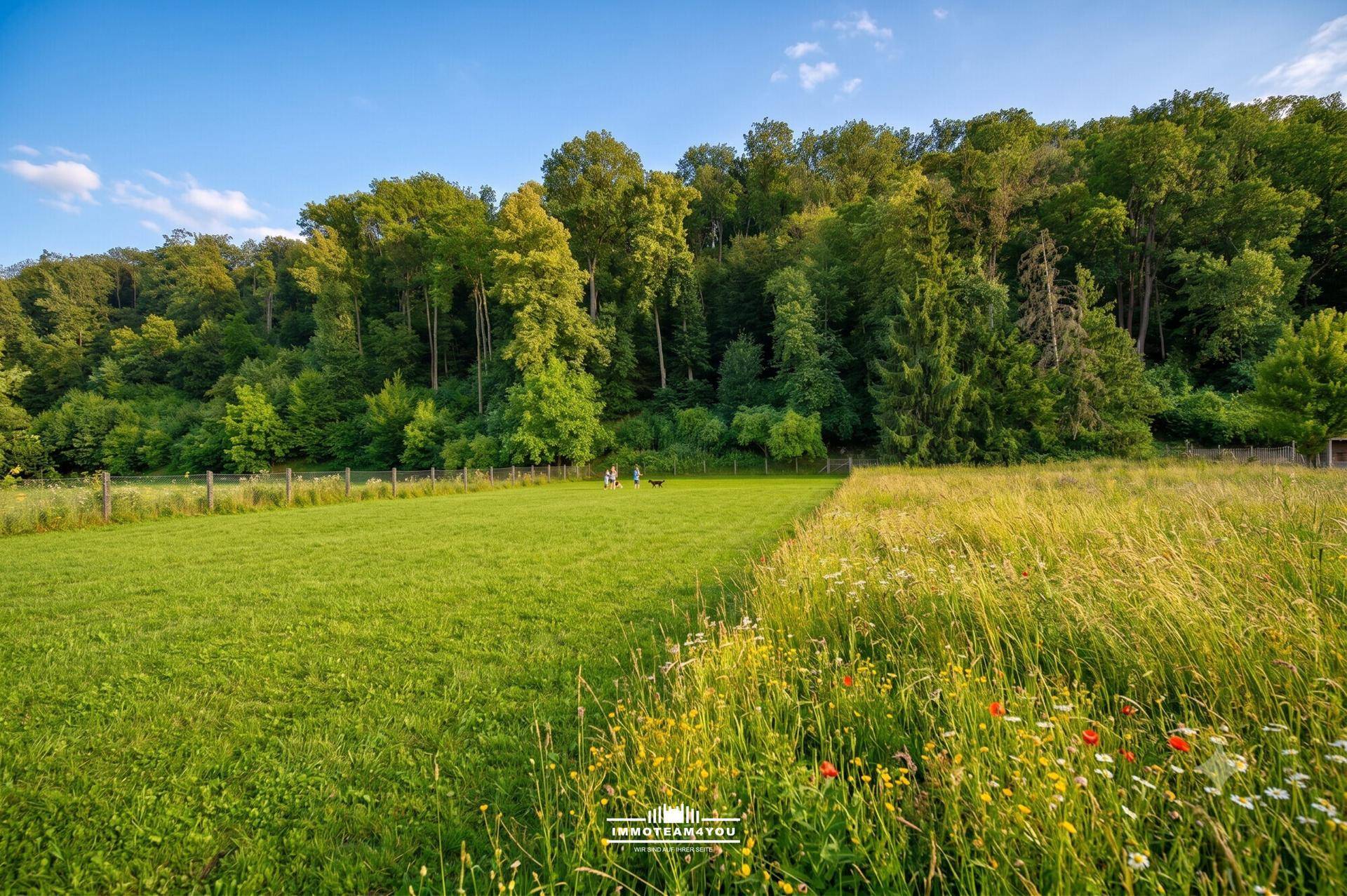 Weitläufige Wiesenfläche mit Wildblumen und dichtem Wald im Hintergrund.