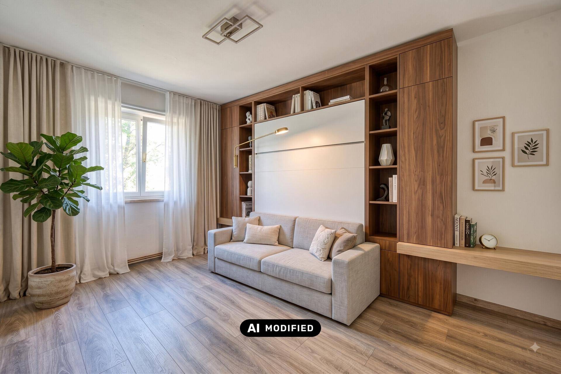 Modern eingerichtetes Wohnzimmer mit Schlafsofa, Einbauregalen und hellem Fenster.