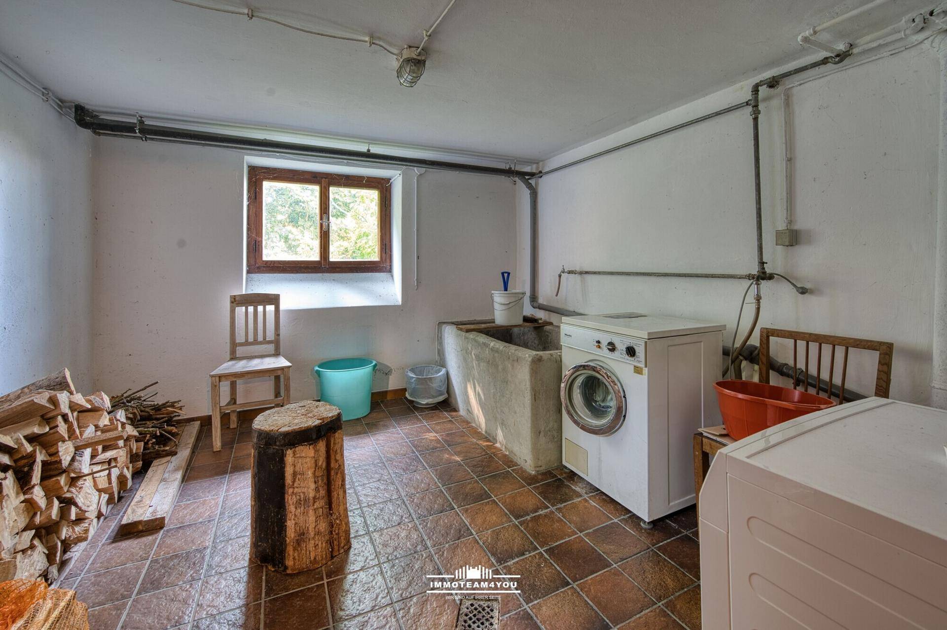 Rustikaler Waschraum im Keller mit Waschmaschine, Betonwaschbecken und Holzstapel, ideal für Hauswirtschaft.