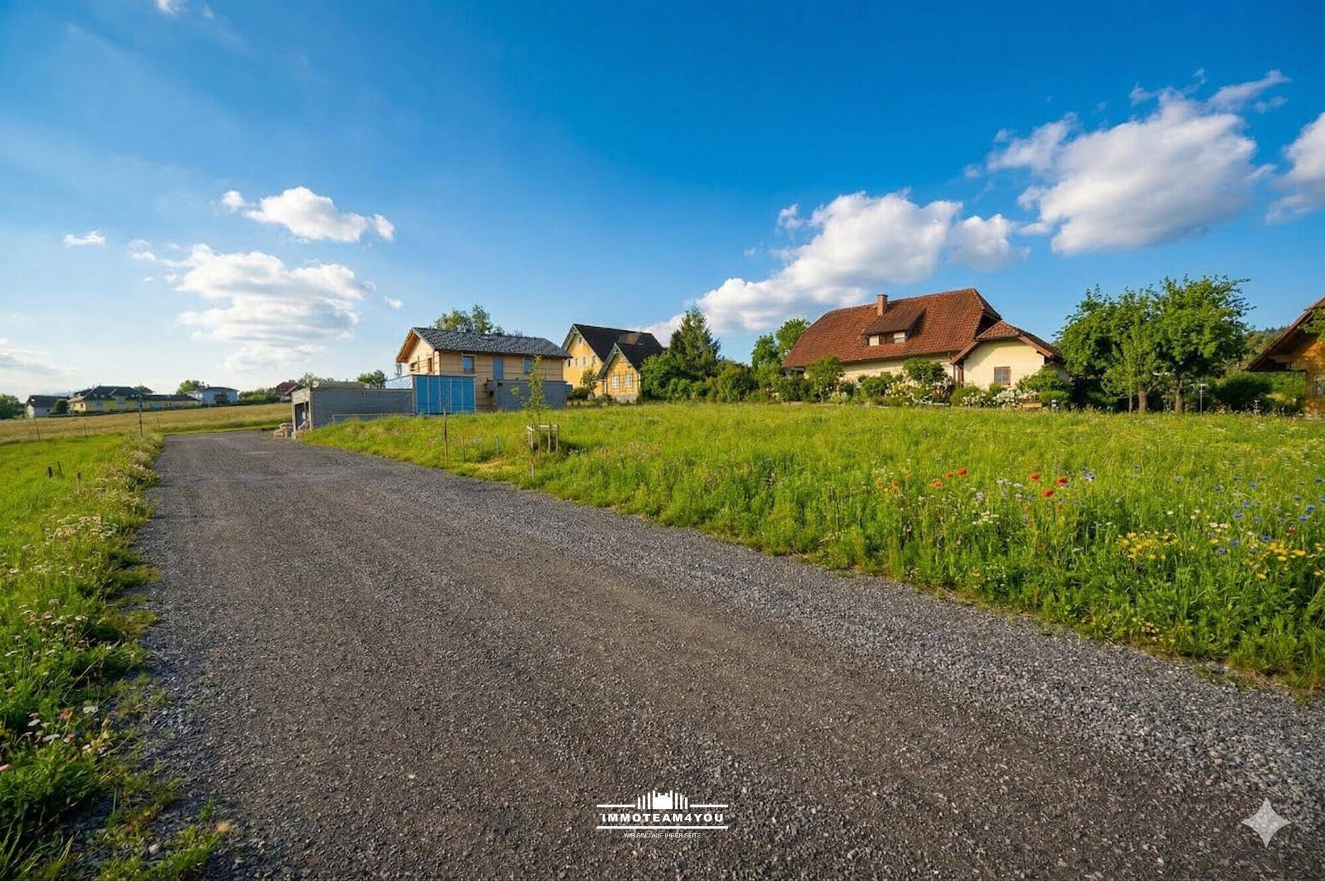Ein Schotterweg führt durch grüne Wiesen zu Häusern in der Ferne unter einem klaren blauen Himmel.