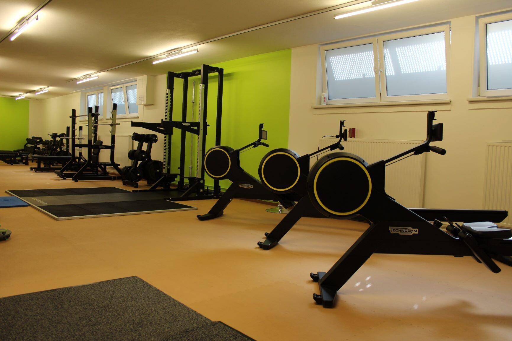 Trainingsbereich mit Rudergeräten und Kraftstationen auf braunem Boden, ideal für Ganzkörpertraining.