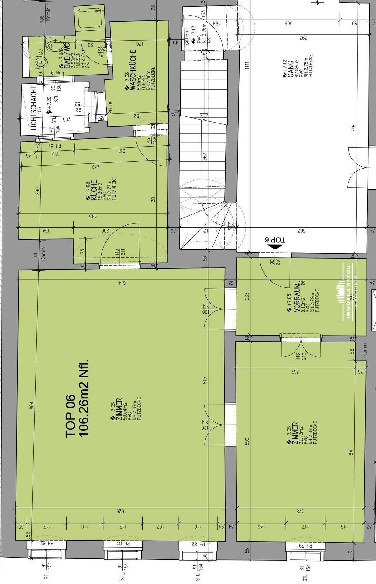 Detaillierter Grundriss der Wohneinheit TOP 06 mit 106,26 m² Nutzfläche und mehreren Zimmern.