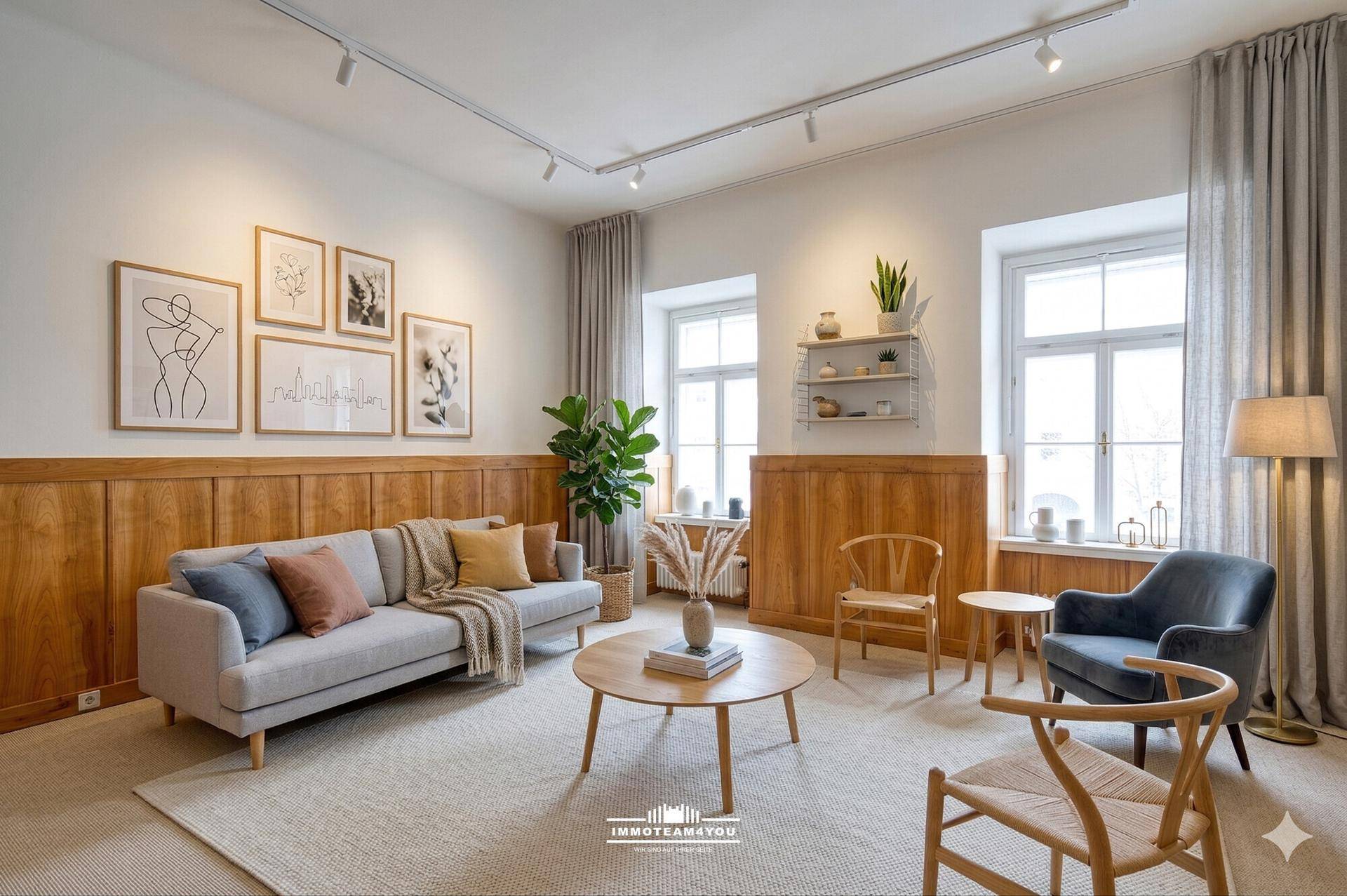 Modernes Wohnzimmer mit Holzwandverkleidung, beigem Teppich und stilvollen Möbeln.